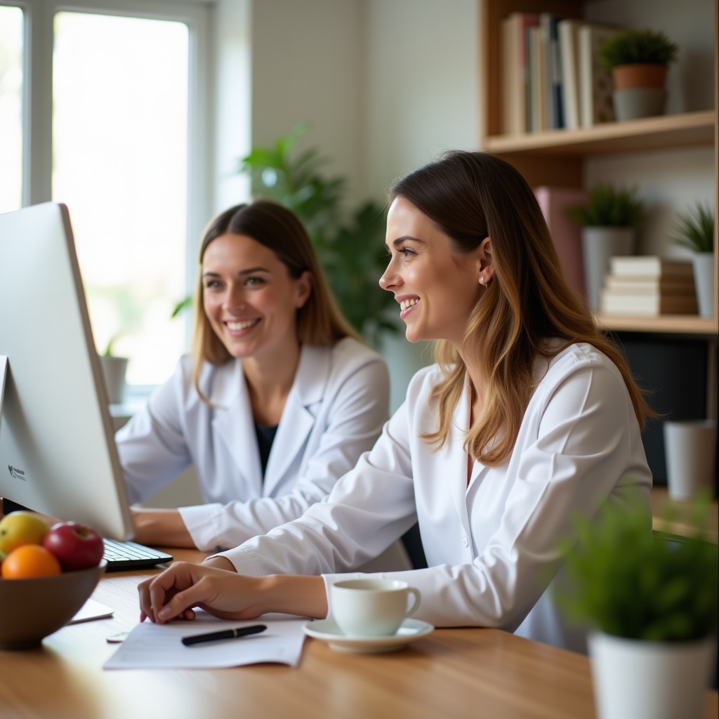 A nutrition practitioner at the front desk with a client after a visit