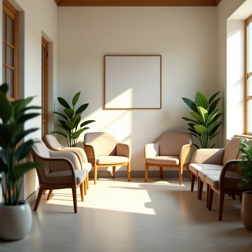 A calm, empty waiting area in the morning light