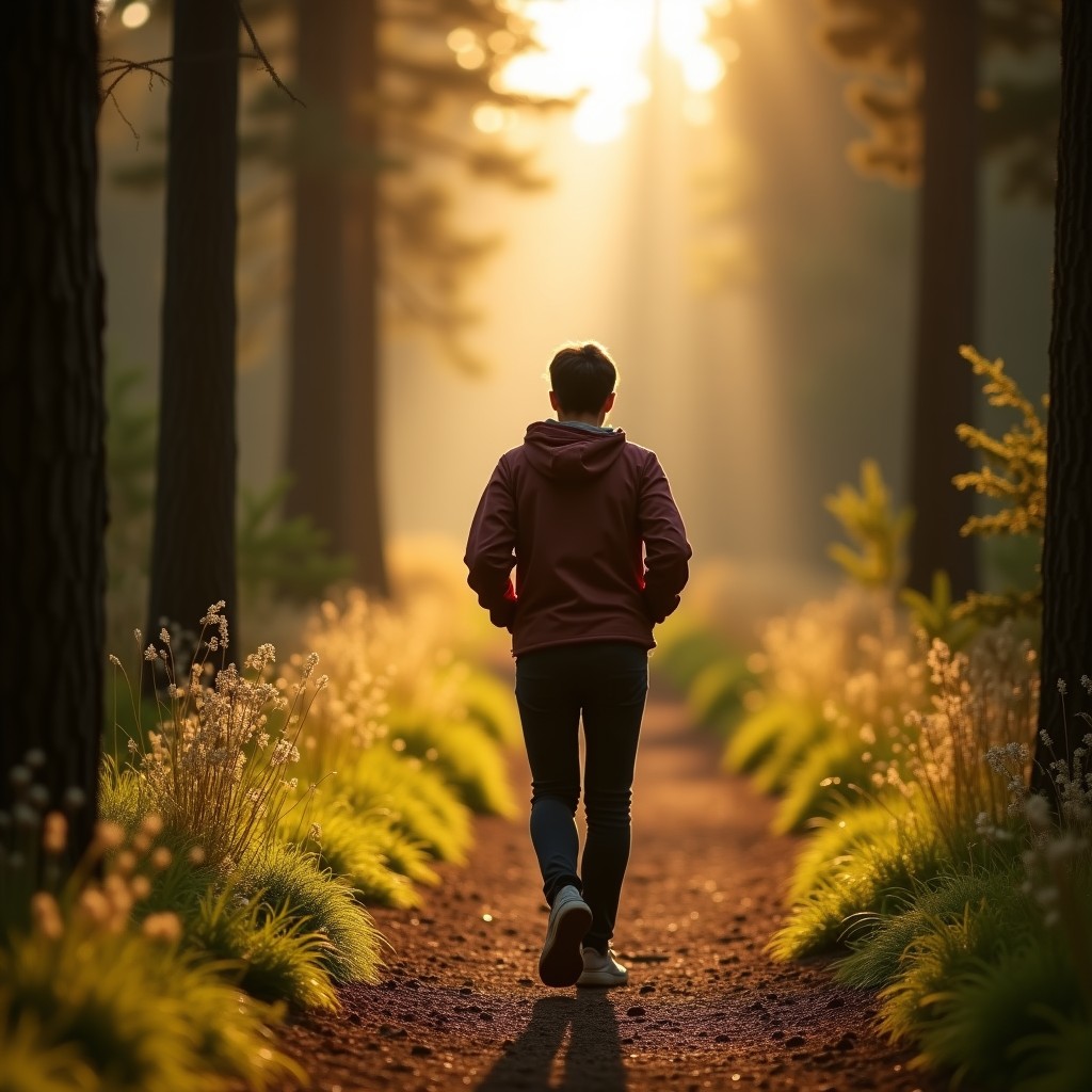 A person walking on a forest trail in the morning light