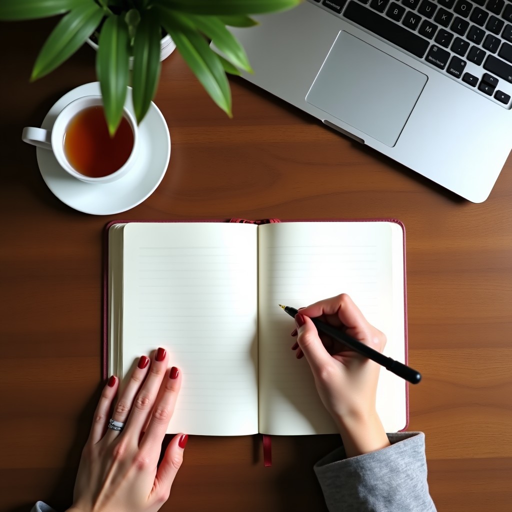 A notebook, a laptop and a cup of tea on a wooden desk