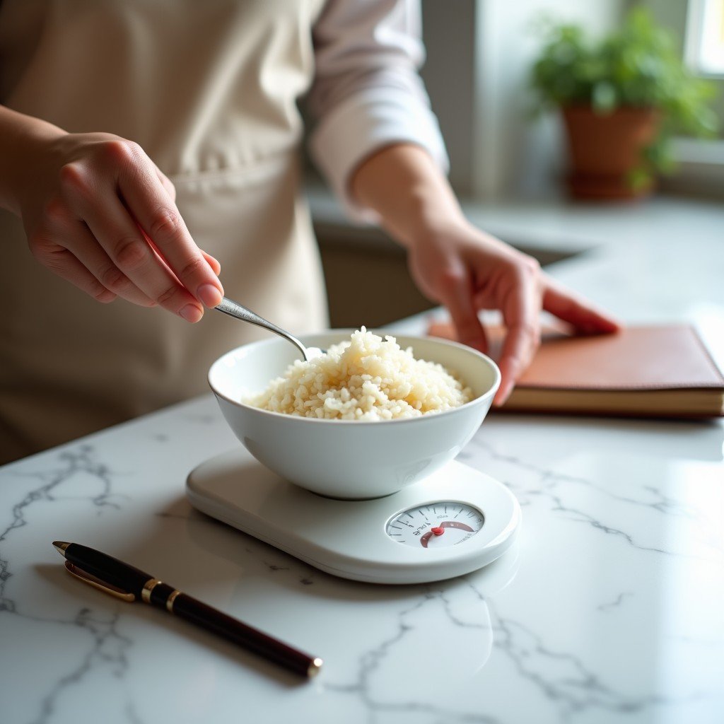 Hands spooning cooked rice into a bowl on a kitchen scale