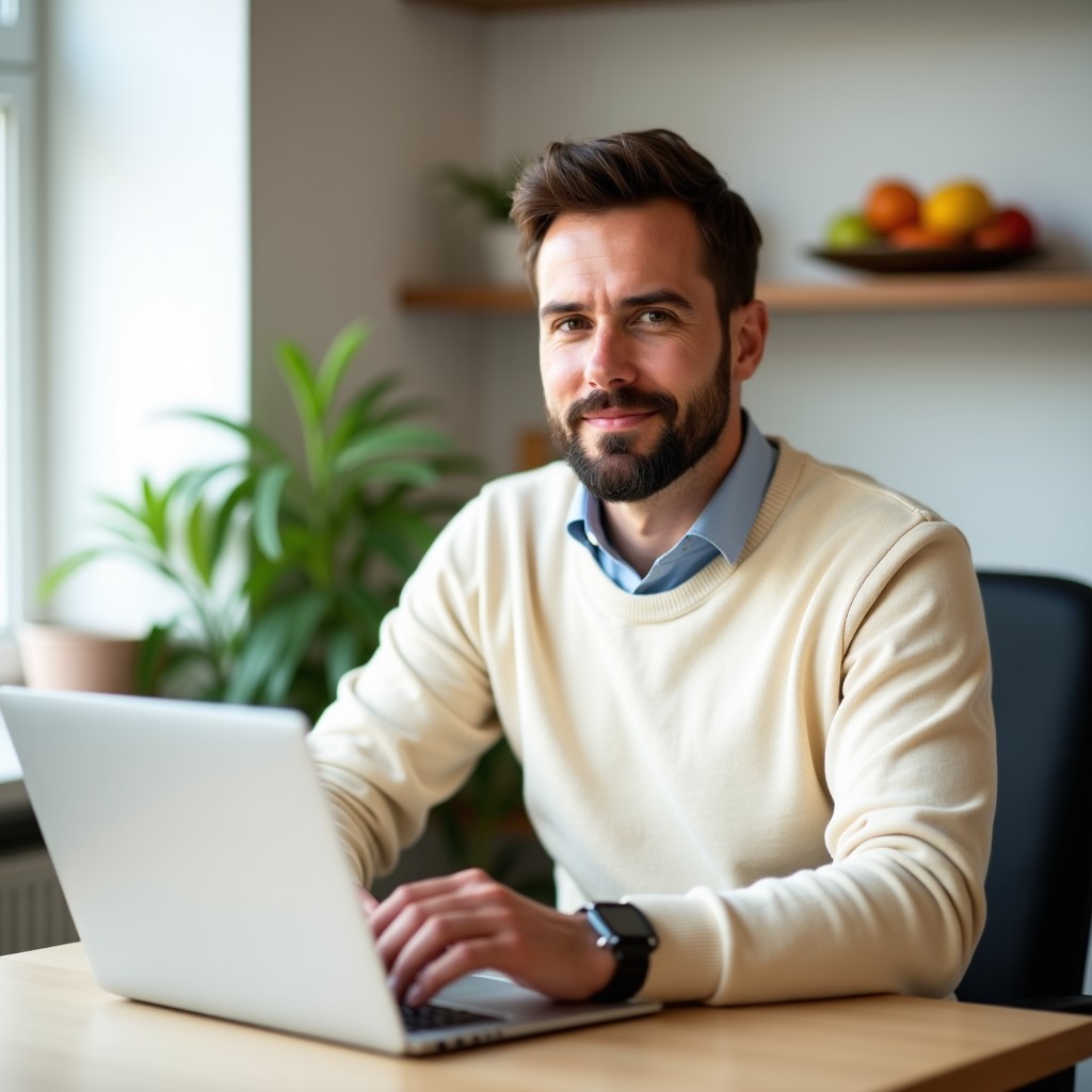A nutrition practitioner at the desk between appointments, working on a laptop