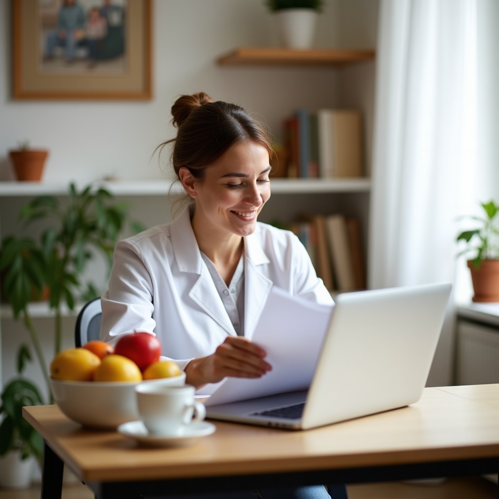 A nutrition practitioner going through the day's records at a quiet desk