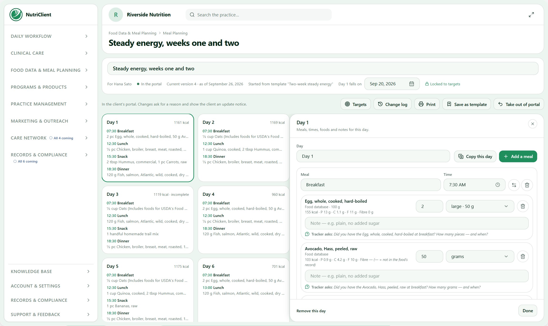 Meal Planning in the practice app
