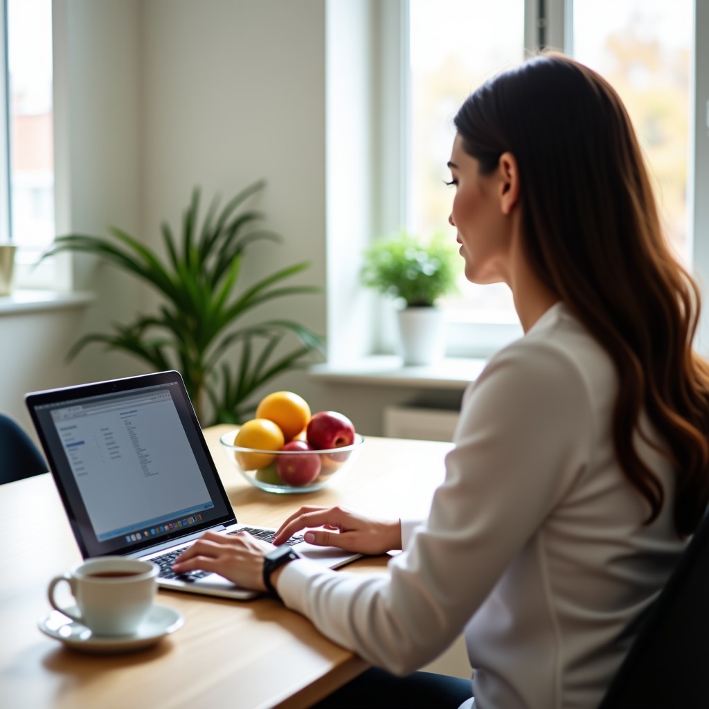 A nutrition practitioner working through a short lesson on a laptop between clients